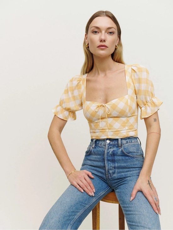 Reformation Tops - Reformation Yellow Gingham Square-Neck Puff Sleeve Top size 2